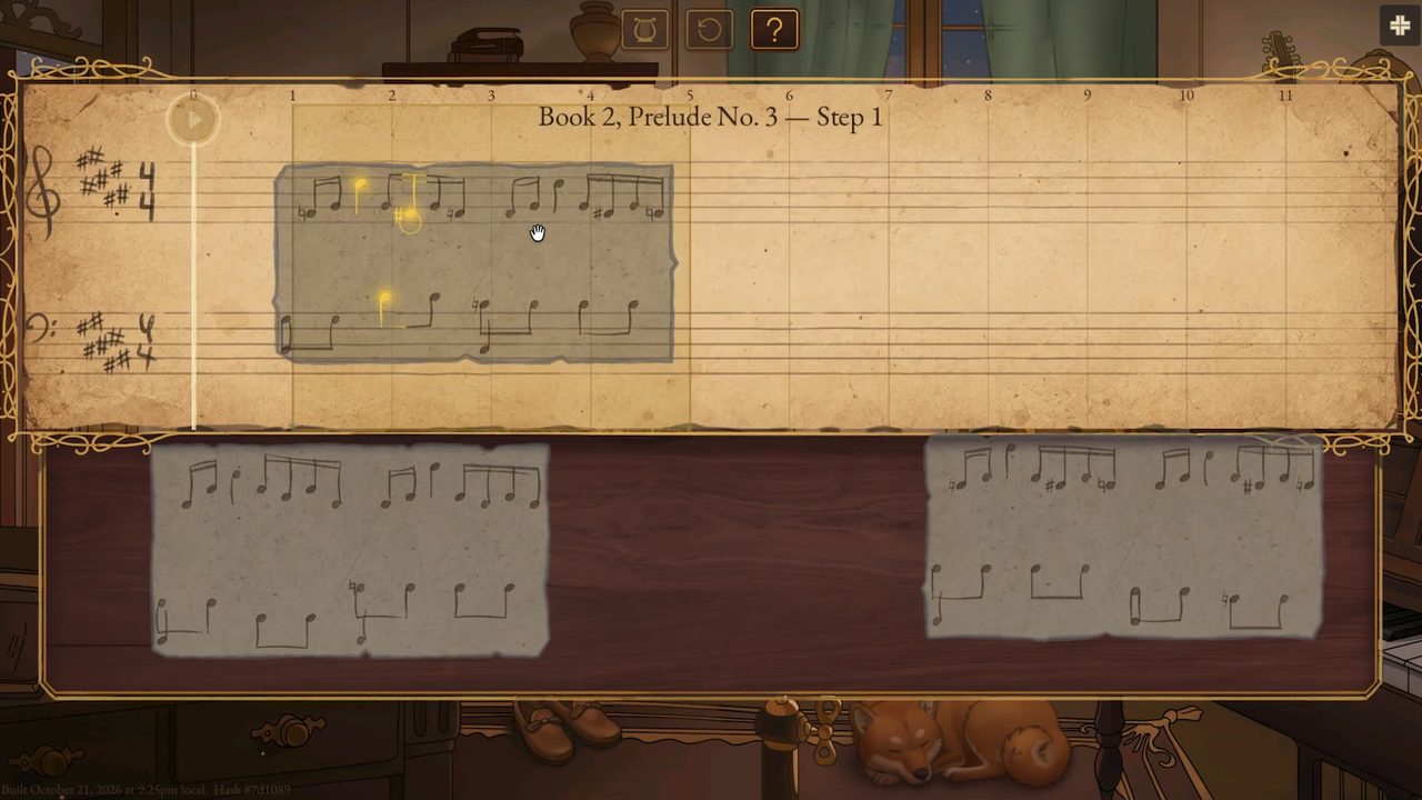 The puzzle board: one torn parchment card placed on the grand staff, two of its notes glowing gold as they play, and two cards waiting in the wooden tray.