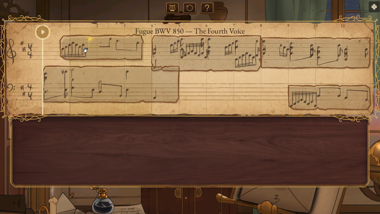 A fugue puzzle: five torn parchment cards of handwritten notation spread across both staves, their voices overlapping.