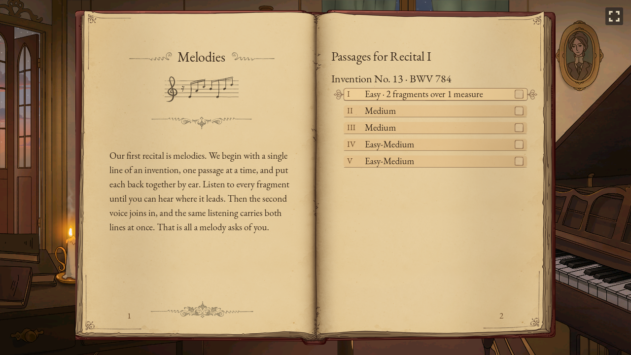 An open book: the recital's letter on the left page and its program of passages on the right.