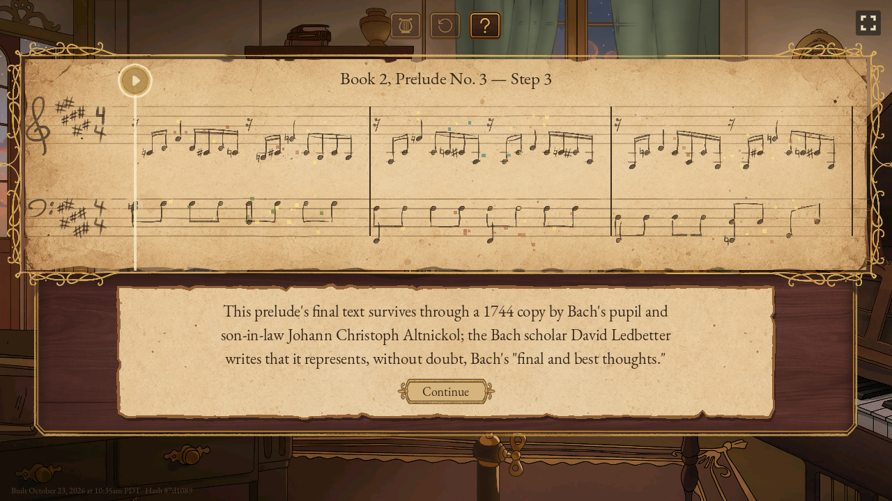 A solved puzzle: six parchment cards settled across the grand staff, and a parchment slip below with a fact about the piece.